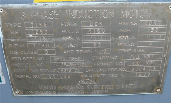 Toshiba 1250 Hp Motor, 1780 Rpm)
